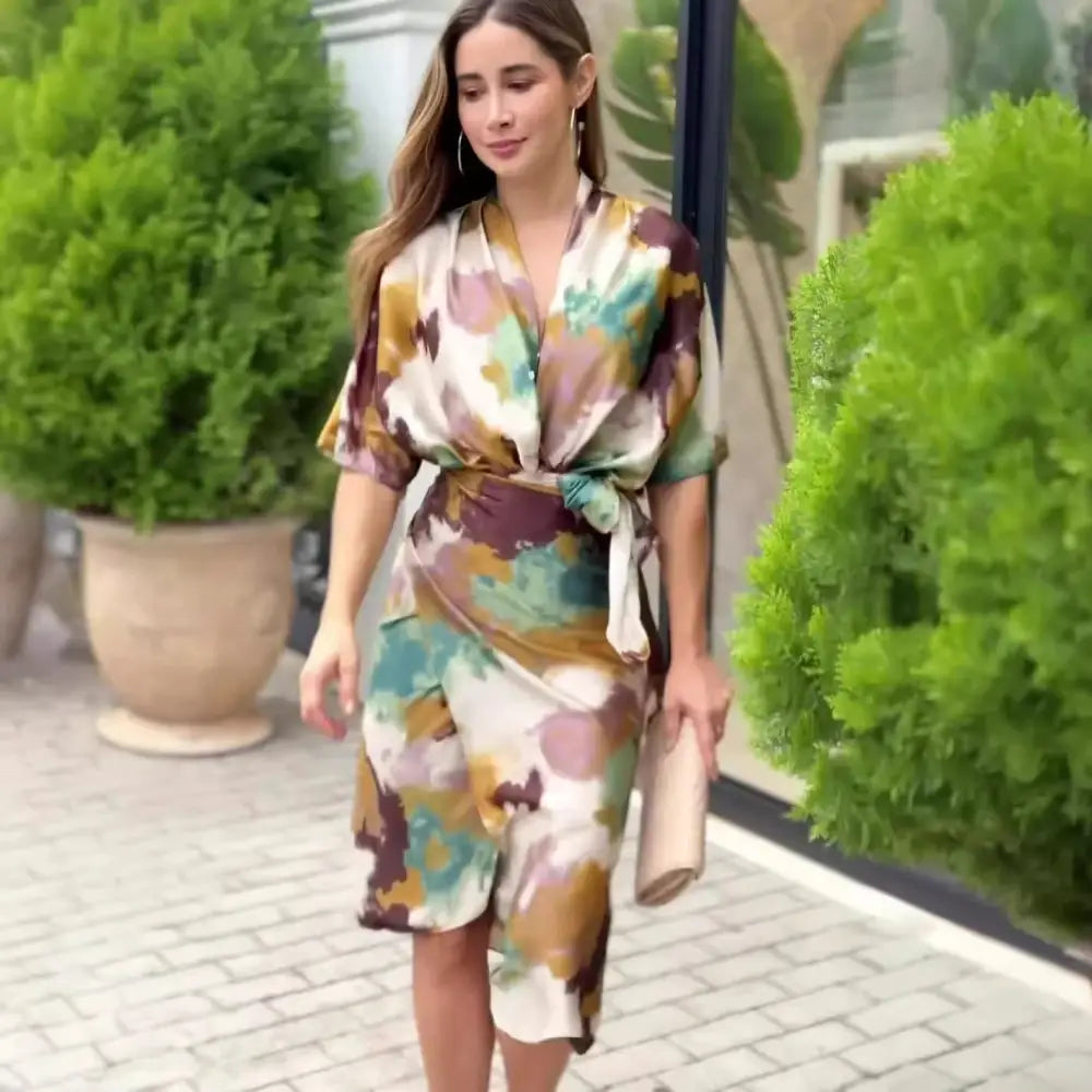 Women’s V-neck High Waist Slim Fit Fashion Printed Sheath Dress