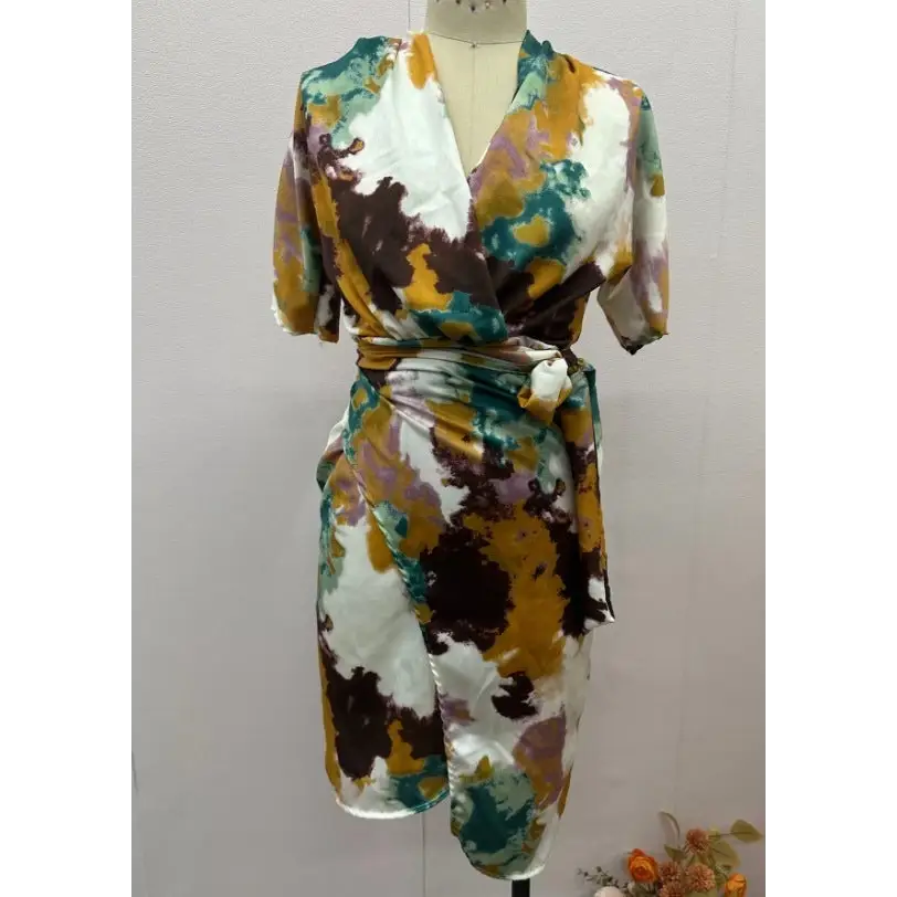 Women’s V-neck High Waist Slim Fit Fashion Printed Sheath Dress - Color / XS