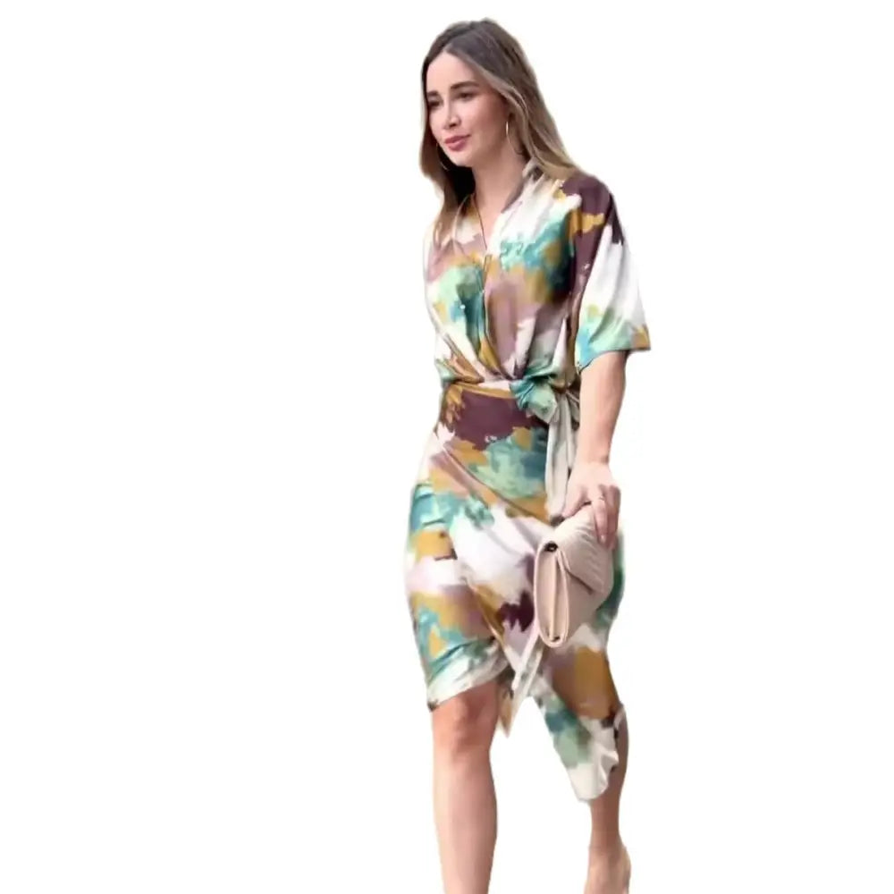 Women’s V-neck High Waist Slim Fit Fashion Printed Sheath Dress