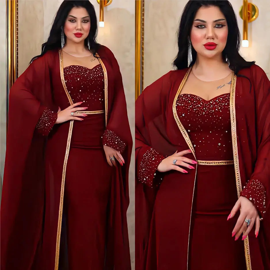 Women’s Wear 2 Piece Set Long Dress Summer Autumn Women Traditional African Clothing Fairy Dress - Wine Red / M