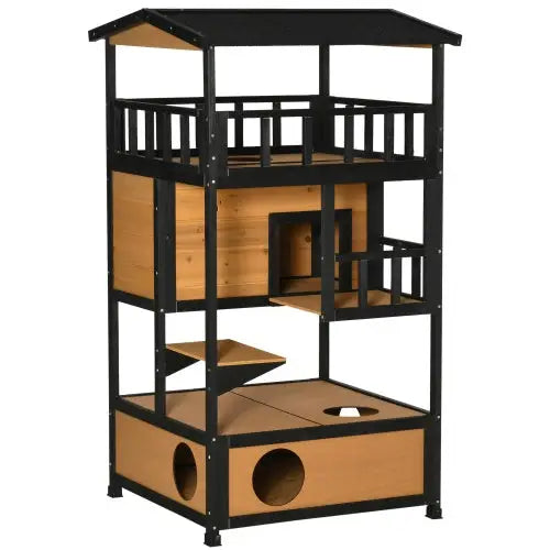 Wooden Outdoor Cat House Wild Cat Shelter Kitten Tree - Yellow - 5