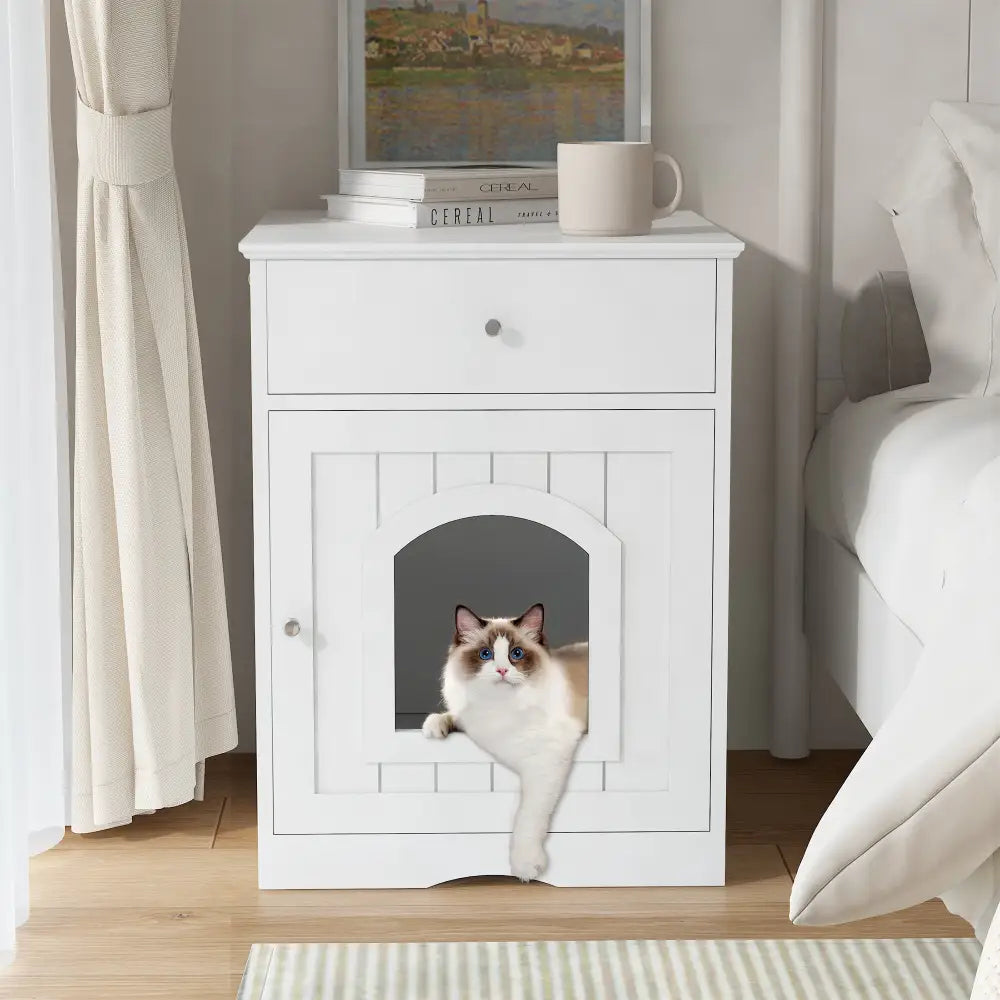 Wooden Pet House Litter Box Fence With Drawers - White - 5