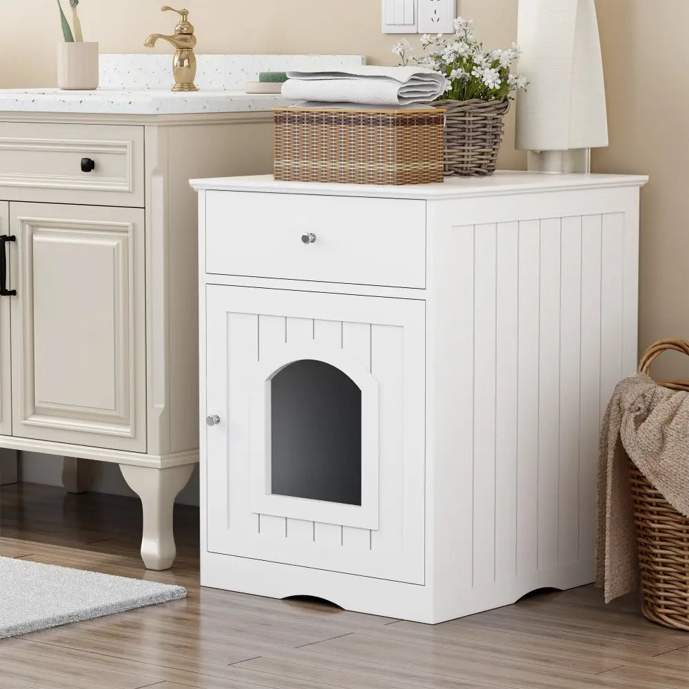 Wooden Pet House Litter Box Fence With Drawers - White - 5