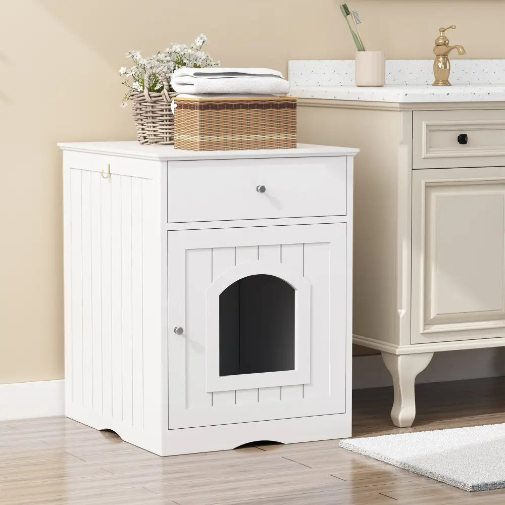 Wooden Pet House Litter Box Fence With Drawers - White - 5