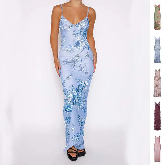 Y2K Slim Flowers Printing Slip Dress Women's Summer Suspender Skirt Vacation Beach Long Dresses - Beyond Trends Hub 