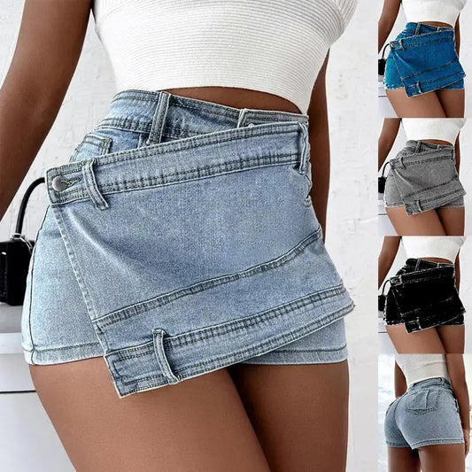 Y2K Street Vintage Denim Shorts Stretch Overlap Waist Wrap Solid Asymmetrical Hem A-Line Skinny Mini Skorts Skirt Beyond Trends Hub