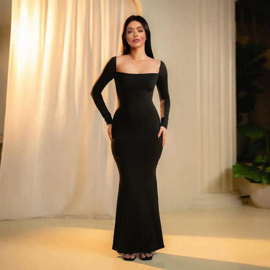 YJ24363 Square Collar Slimming Elegant Black Dress Women