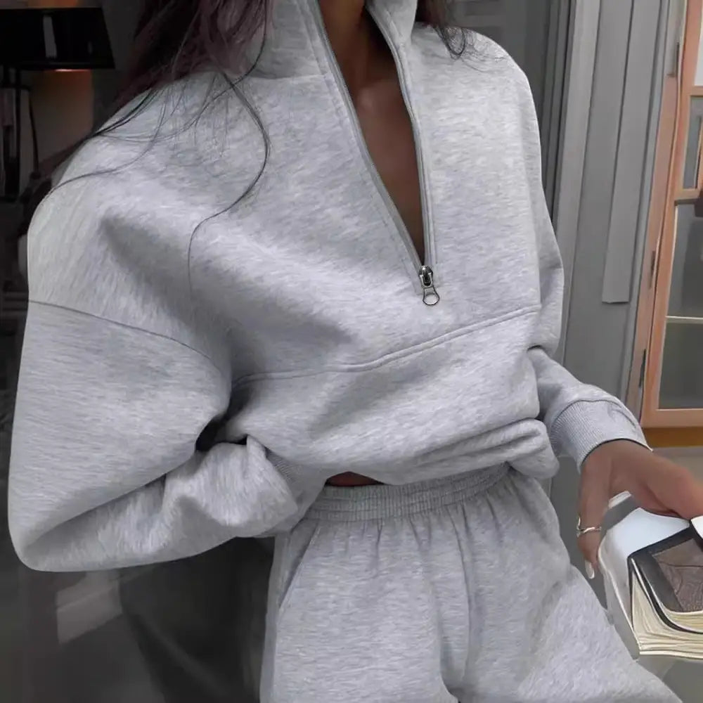 Zipper And Lapel Solid Color Casual Two-piece Suit Beyond Trends Hub