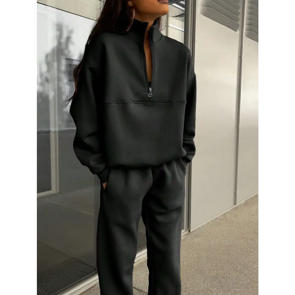 Zipper And Lapel Solid Color Casual Two-piece Suit Beyond Trends Hub