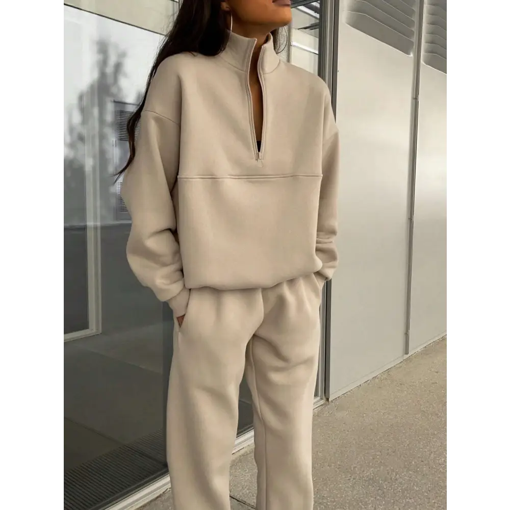Zipper And Lapel Solid Color Casual Two-piece Suit Beyond Trends Hub