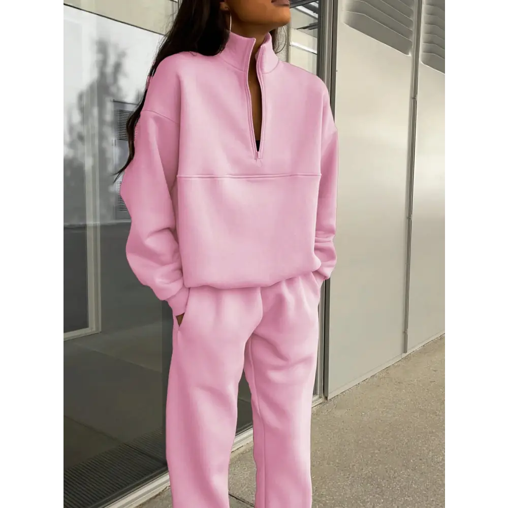 Zipper And Lapel Solid Color Casual Two-piece Suit Beyond Trends Hub
