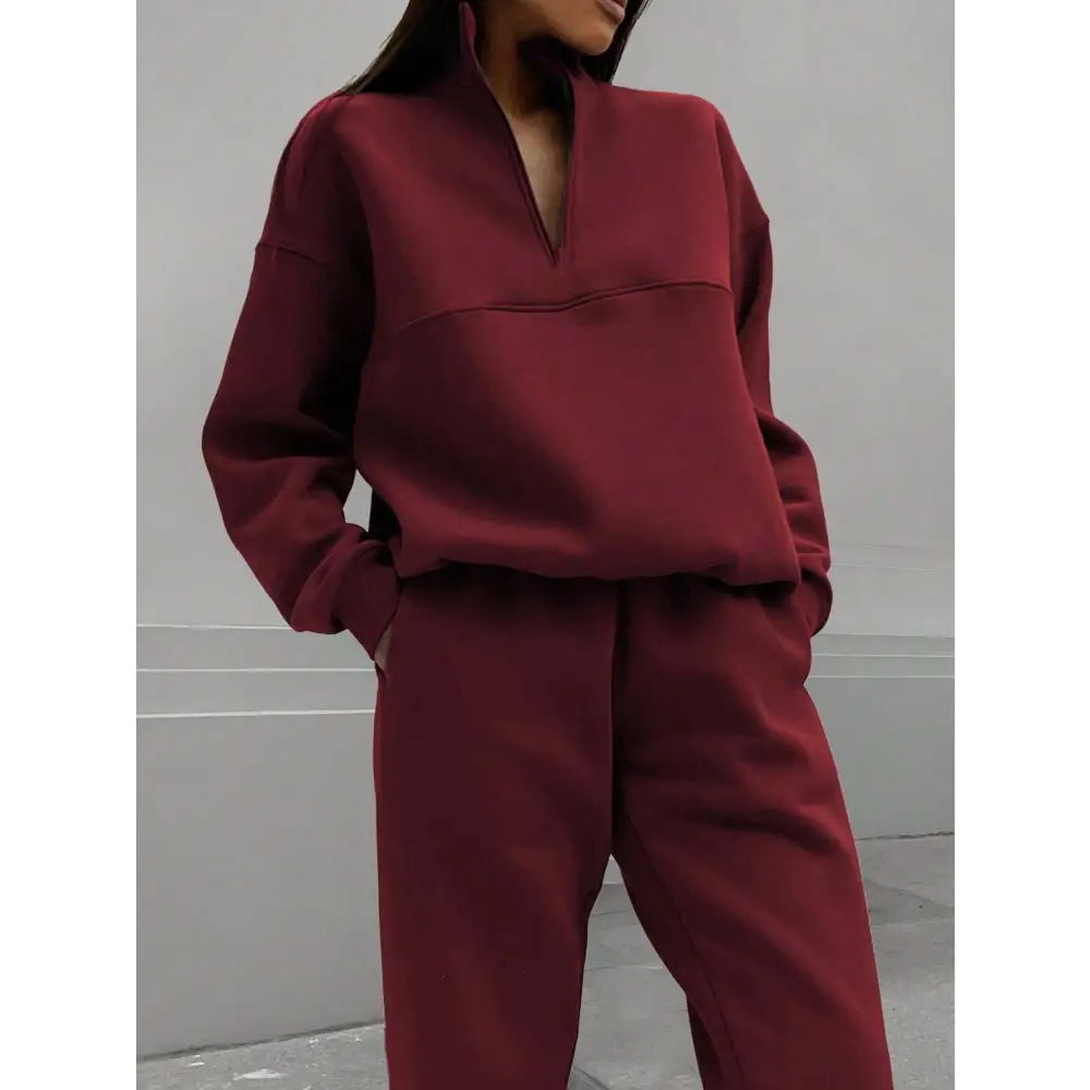 Zipper And Lapel Solid Color Casual Two-piece Suit Beyond Trends Hub