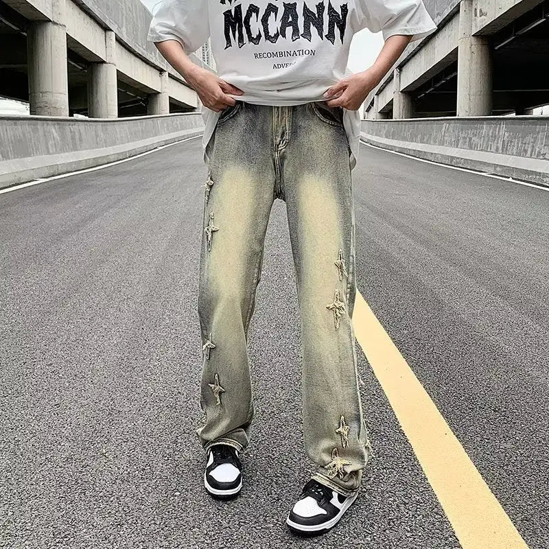 Zipper Loose Denim Trousers Men - Yellow Mud Colors / S